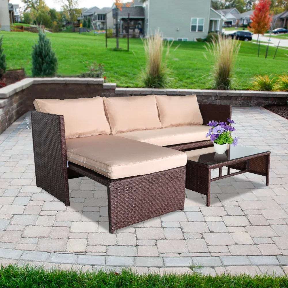 Rattan Sofa 3 Pieces Wood PE Wicker Ottoman With Coffee Table Patio Sofa Set T2190