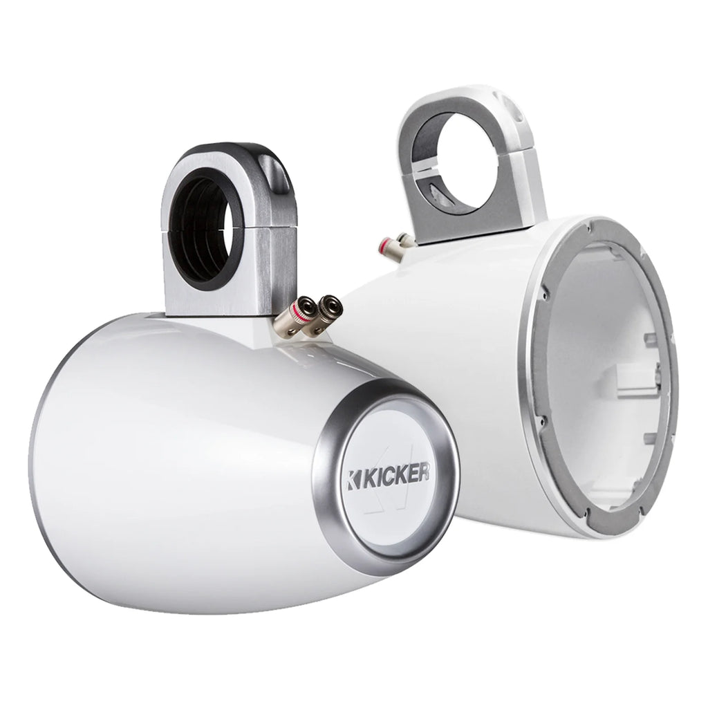 4x Kicker KM60 6.5-Inch Marine White Coaxial Speakers, 4x Kicker Marine KMTESW Tower Enclosure for 6.5-Inch Drivers White, Enrock Audio Marine Grade Spool of 50 Foot 16-Gauge Speaker Wire A4308