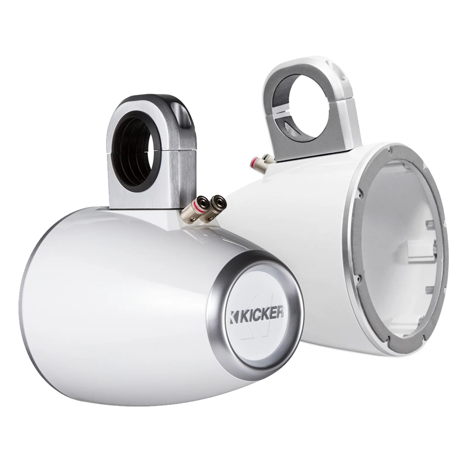 4x Kicker KM60 6.5-Inch Marine White Coaxial Speakers, 4x Kicker Marine KMTESW Tower Enclosure for 6.5-Inch Drivers White, Enrock Audio Marine Grade Spool of 50 Foot 16-Gauge Speaker Wire A4308
