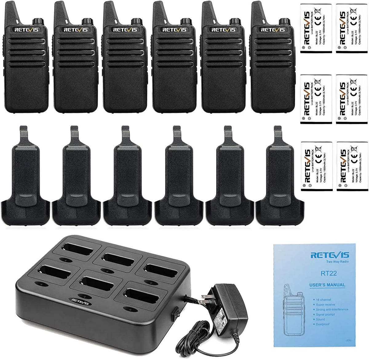 6 Pack Rechargeable Two Way Radios with Multi Gang Charger F74561