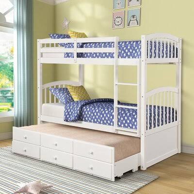 White Twin Bunk Bed with Ladder Safety Rail and Trundle Bed with 3 Drawers H605