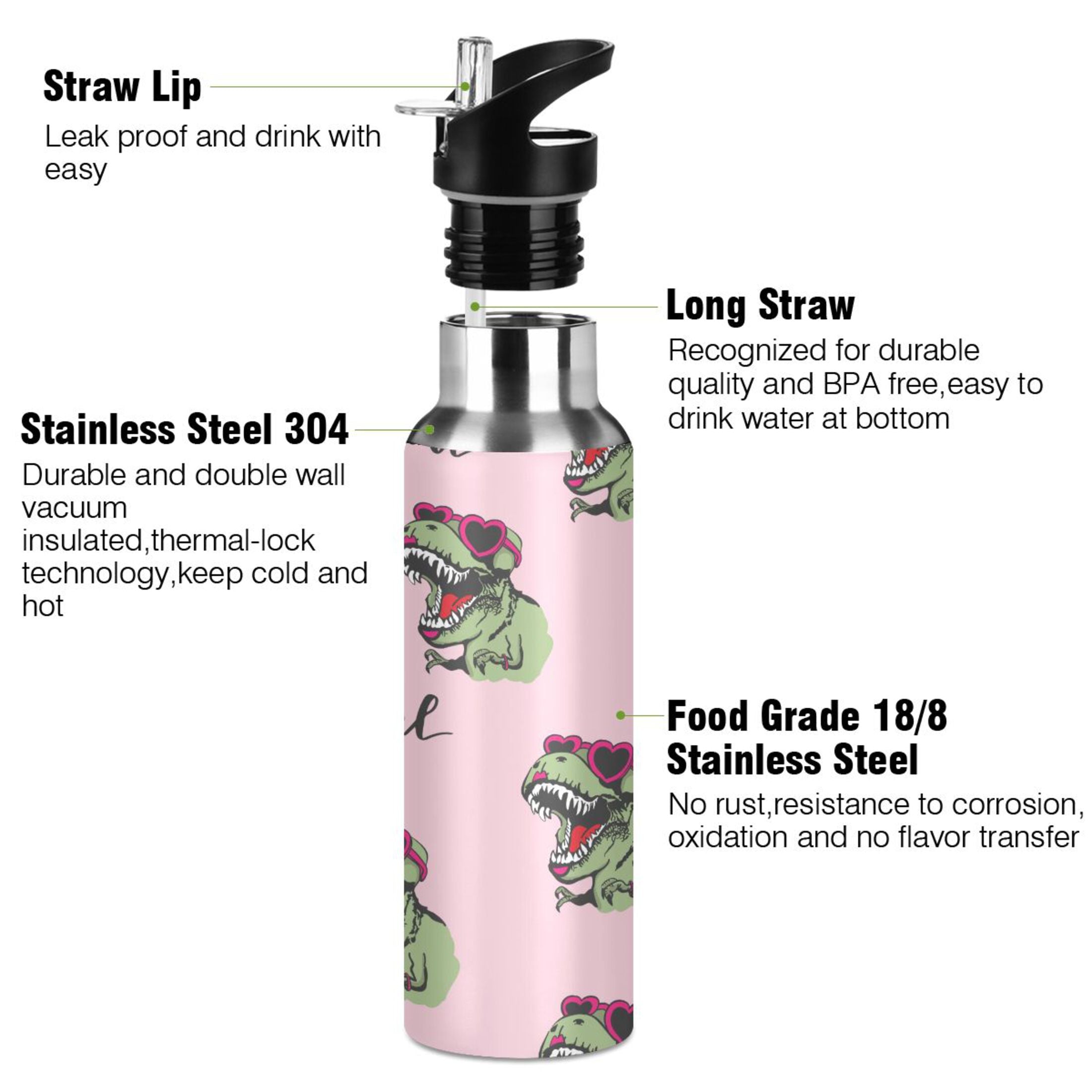 Pink Stainless Steel Insulated Water Bottle with Straw Lid E18676