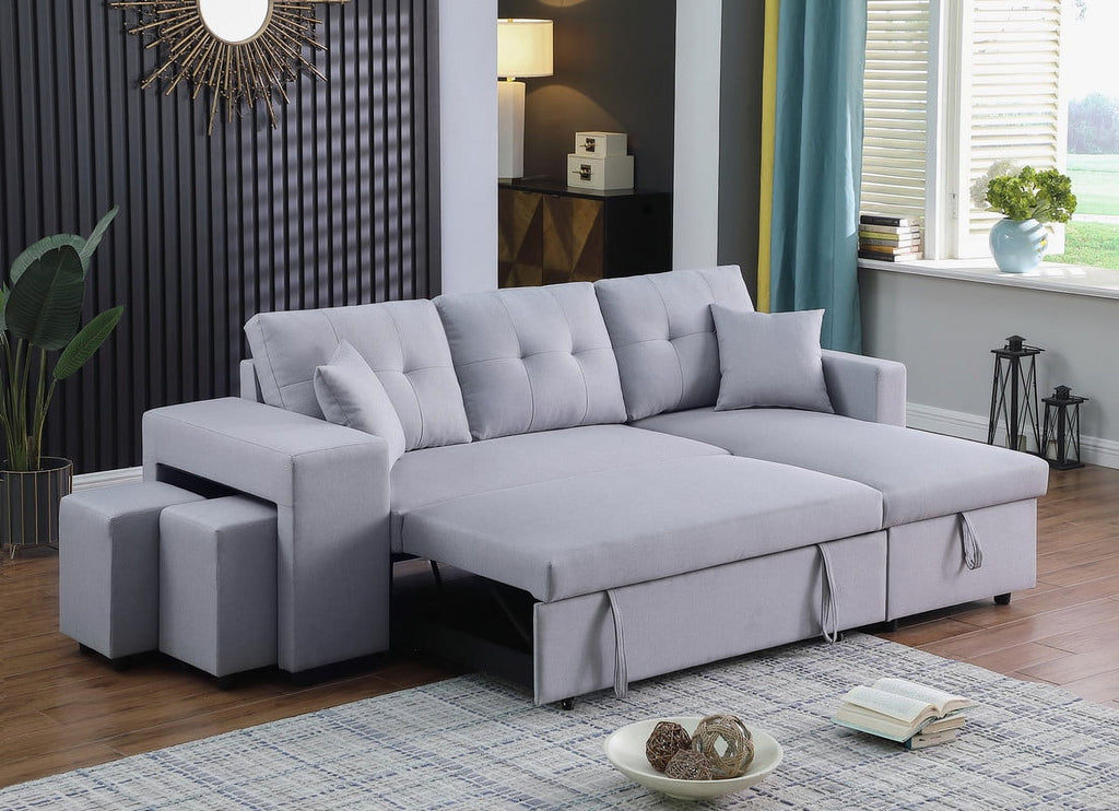 Light Gray Linen Fabric Reversible Sleeper Sectional with Storage Chaise and 2 Stools Z51049