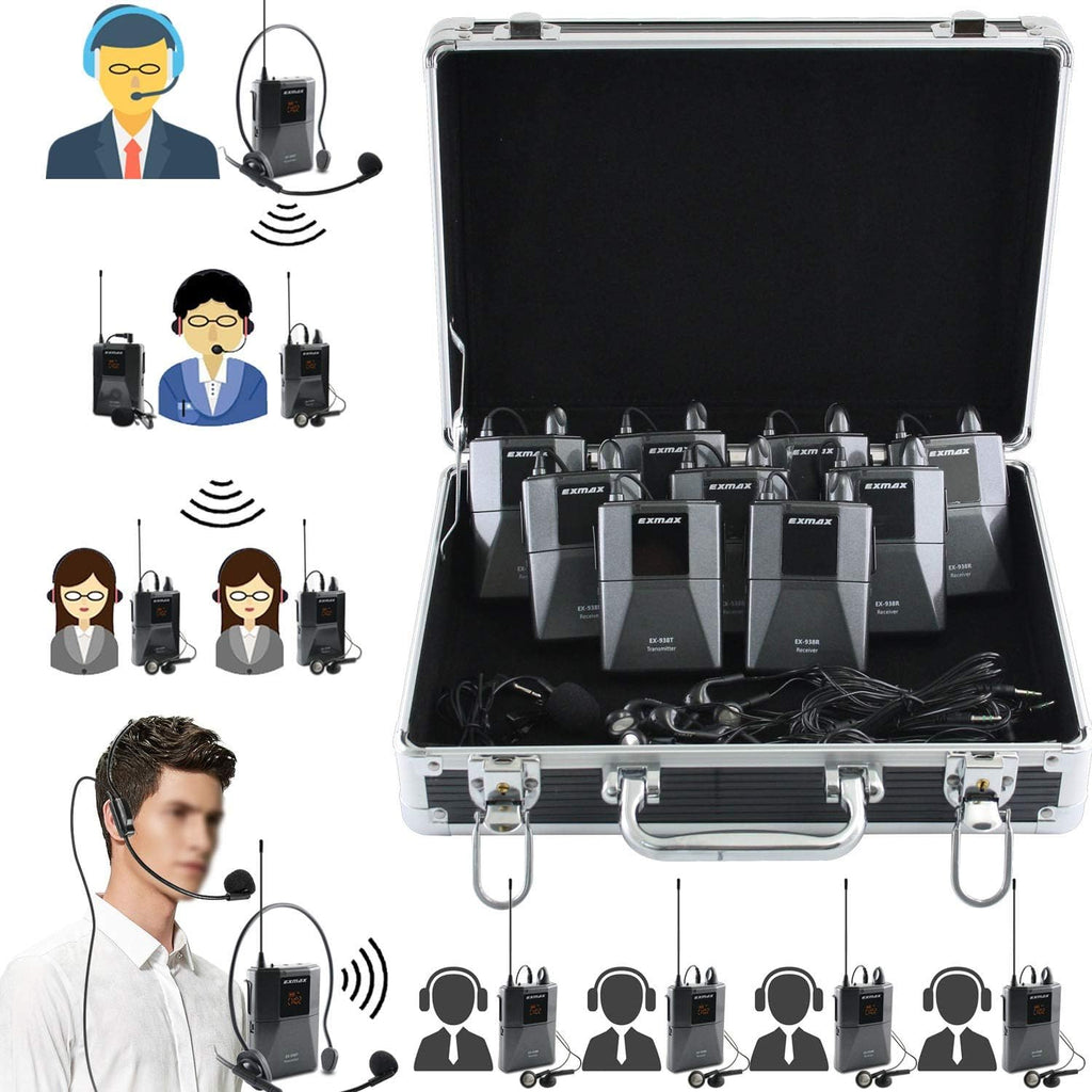 Wireless Headset Microphone Tour Guide System (1 Transmitter 8 Receivers with Black Storage Case) I401