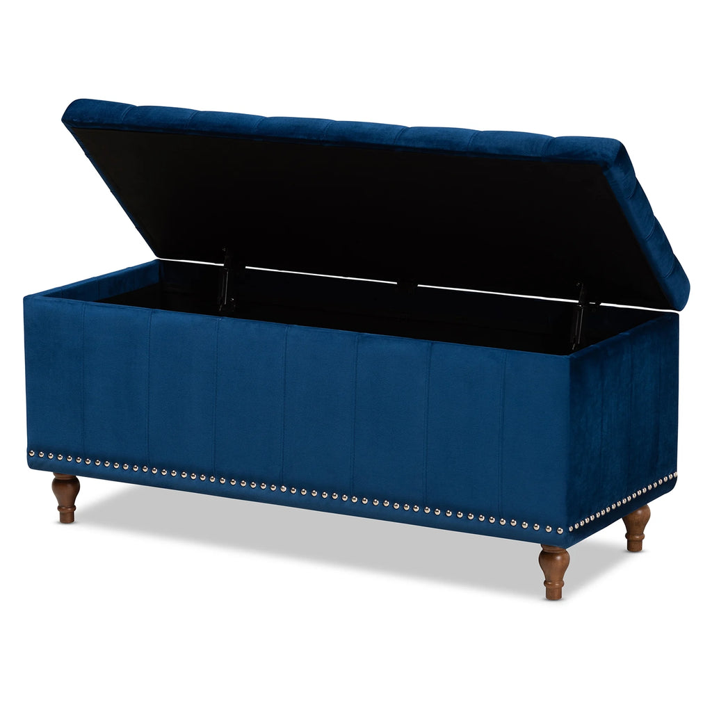 Navy Blue Velvet Button-Tufted Storage Ottoman Bench V6209