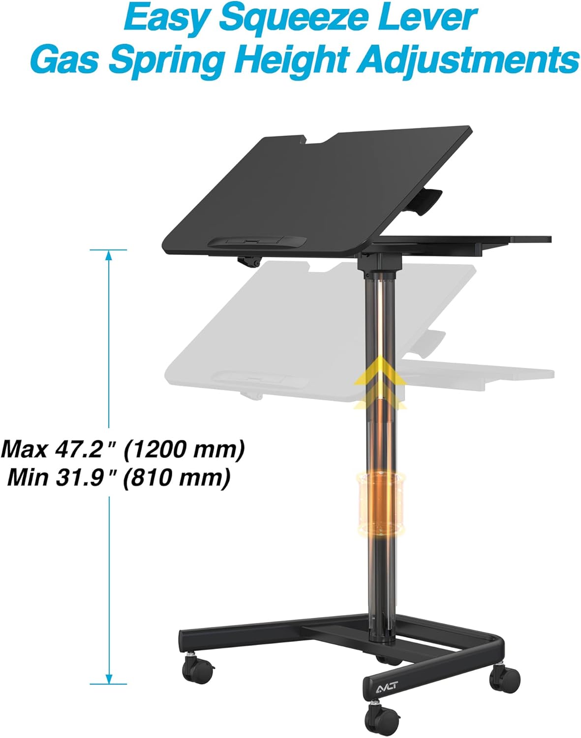 47 Ambidextrous Mobile Standing Desk with Split Top Tilting Tray, Pneumatic Laptop Cart, Black Cart with Brake Casters Z4706