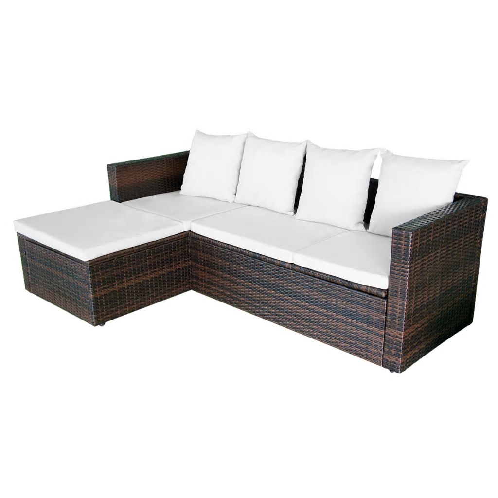 4 Piece Outdoor Corner Sofa with Coffee Table and 2 Ottomans Brown Poly Rattan S619040