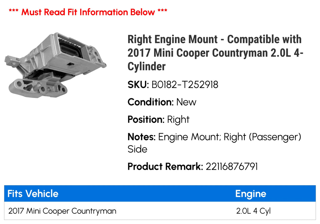 Engine Mount for 2017 Mini Cooper Countryman 2.0L 4-Cylinder Q6187