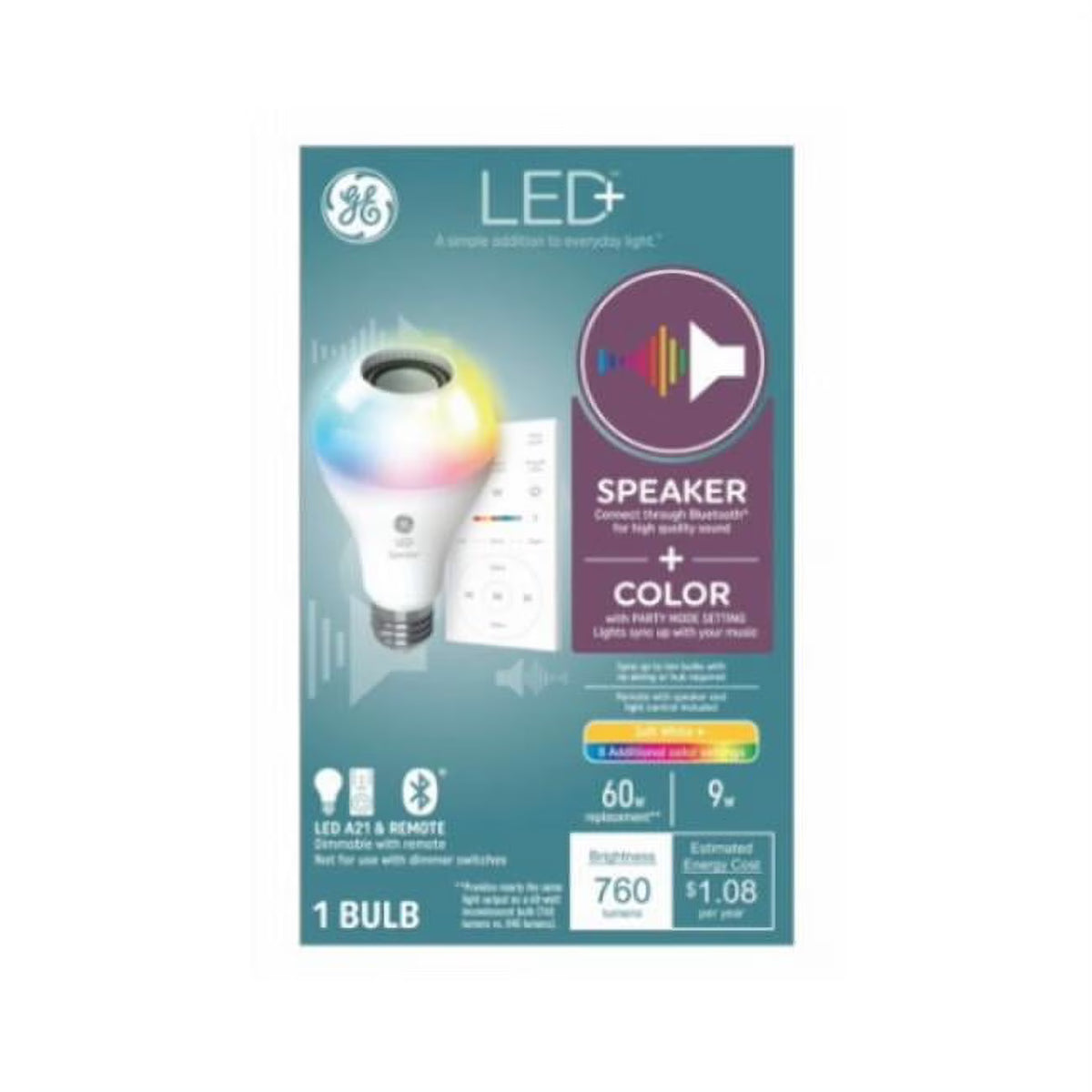 LED+ Speaker Light Bulb with Remote, Multicolor, A21, 9 Watt Y48716