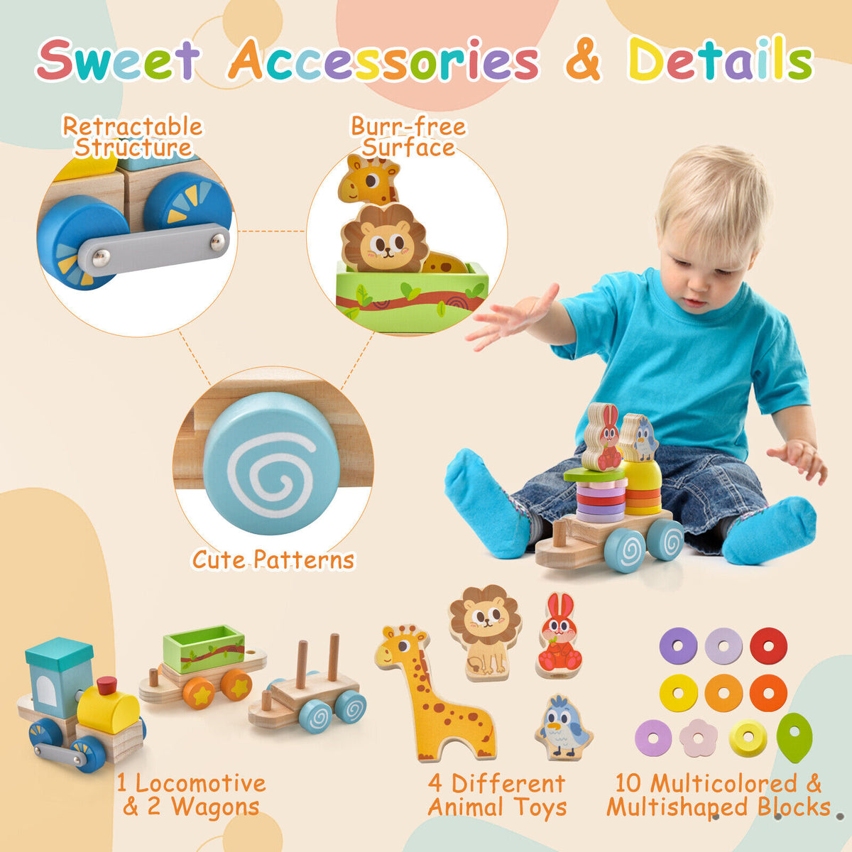 Wooden Stackable Train Set with Animal Toys & Locomotive Q25156