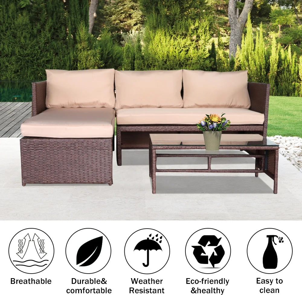 Rattan Sofa 3 Pieces Wood PE Wicker Ottoman With Coffee Table Patio Sofa Set T2190