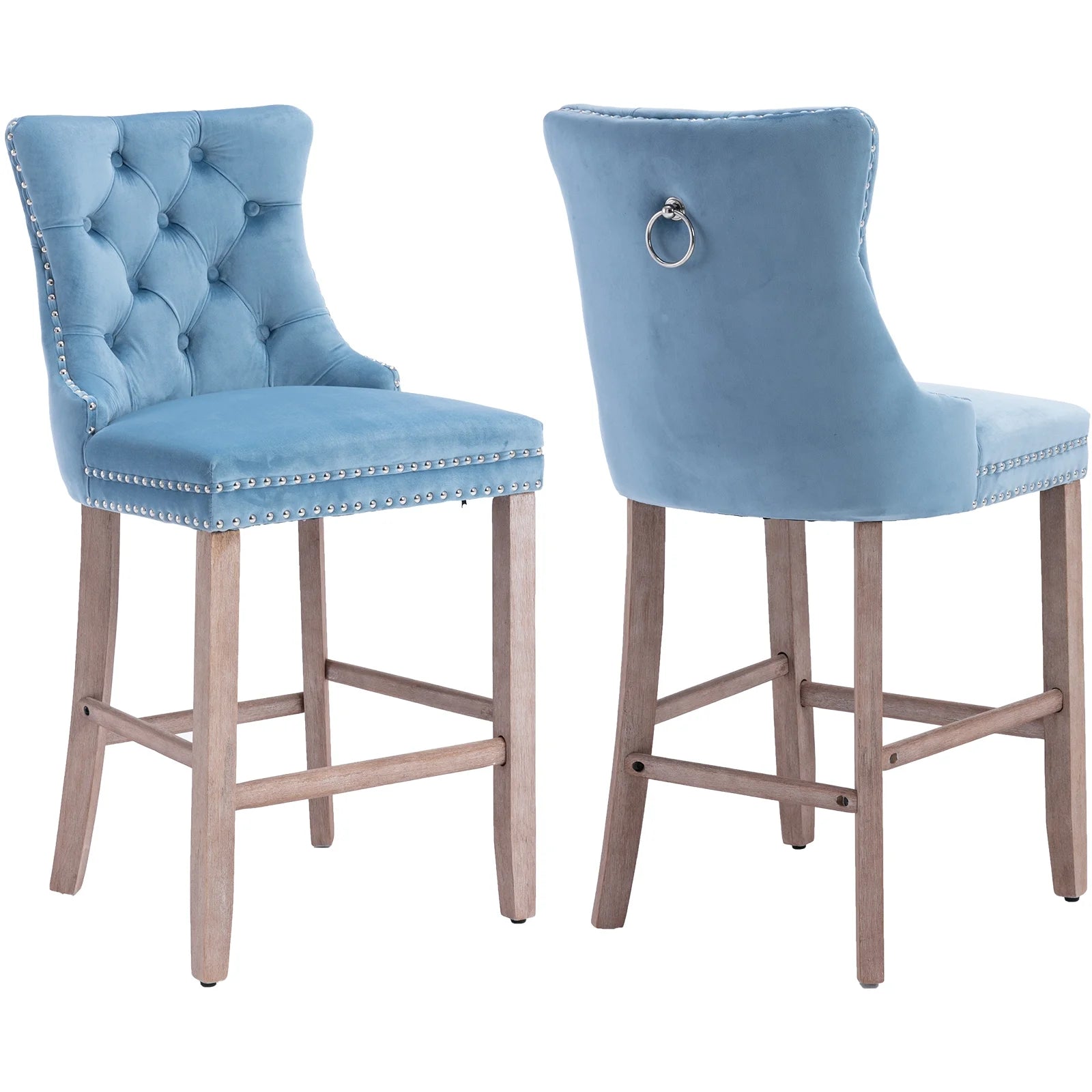 Velvet Bar Stools Set of 2, 27" Seat Height, Tufted Back, Wood Frame, Light Blue Q839