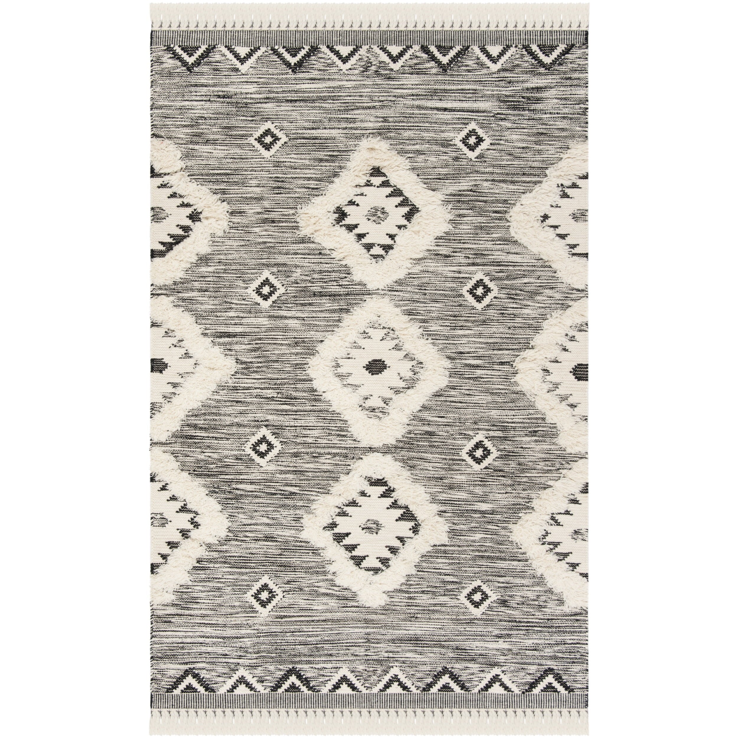 Geometric Diamonds Fringe Area Rug, Black/Ivory, 6' x 9' J915292
