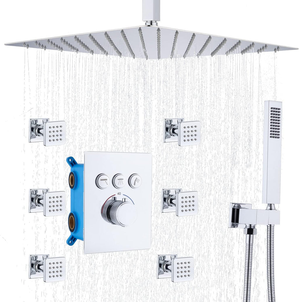 16 Inch Ceiling Mount Rain Shower Head System with Body Jets and Handheld I44683