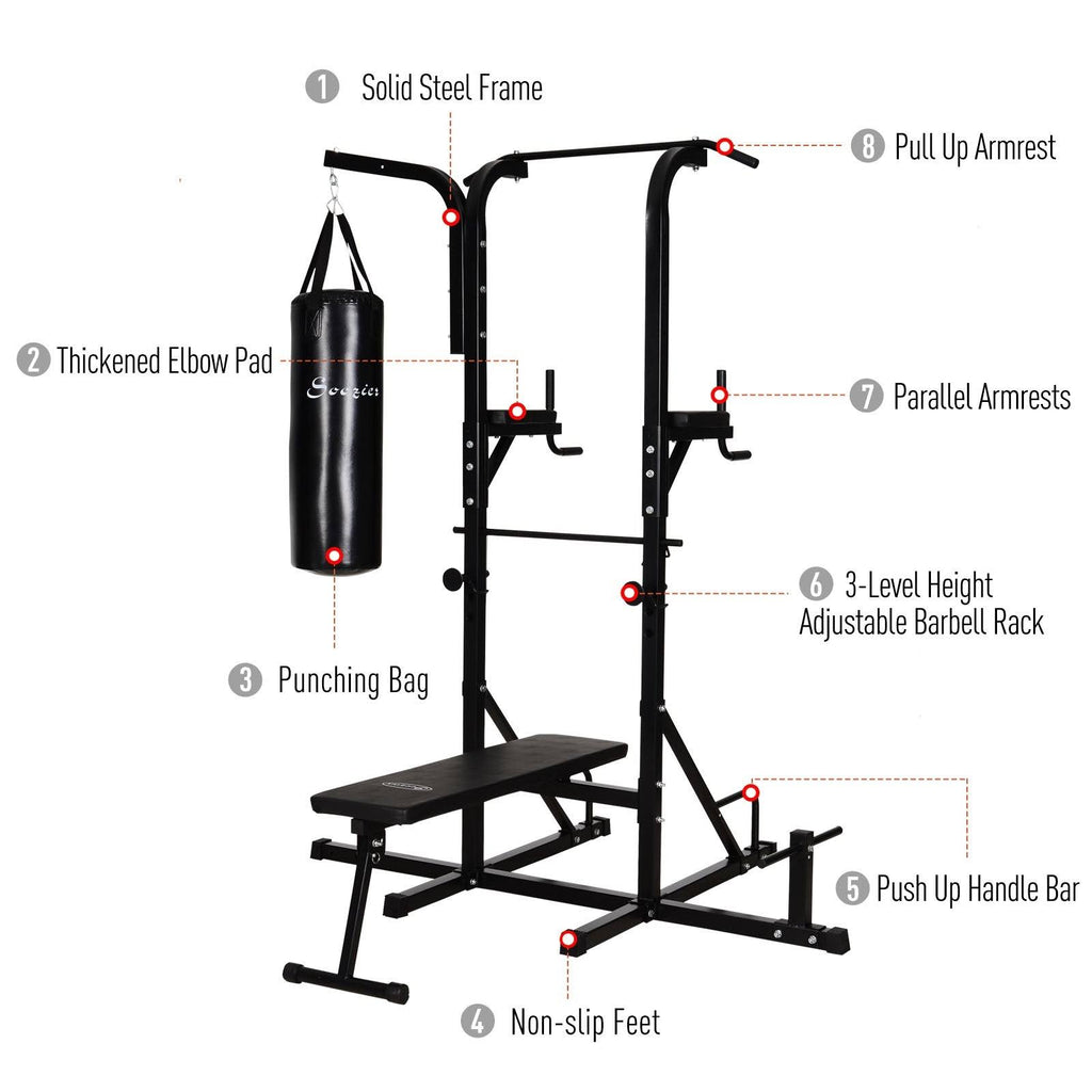 Power Tower with Bench and Punching Bag, Multi-Function Adjustable Dip Sit Up Workout Station Equipment S601