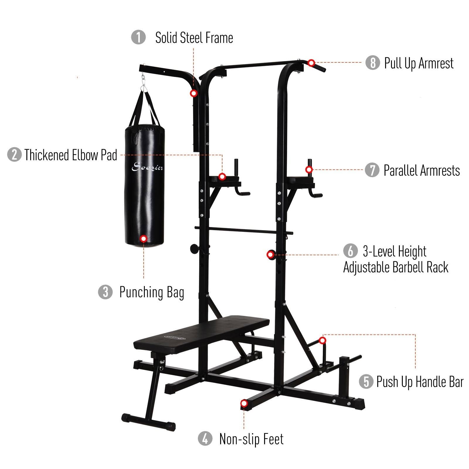 Power Tower with Bench and Punching Bag, Multi-Function Adjustable Dip Sit Up Workout Station Equipment S601