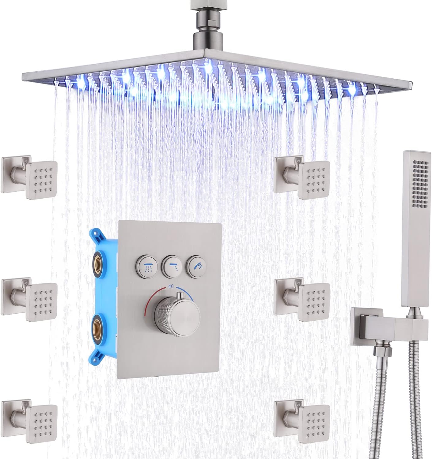 16 Inch Ceiling Mount Rain Shower Head System with Body Jets and Handheld I44683