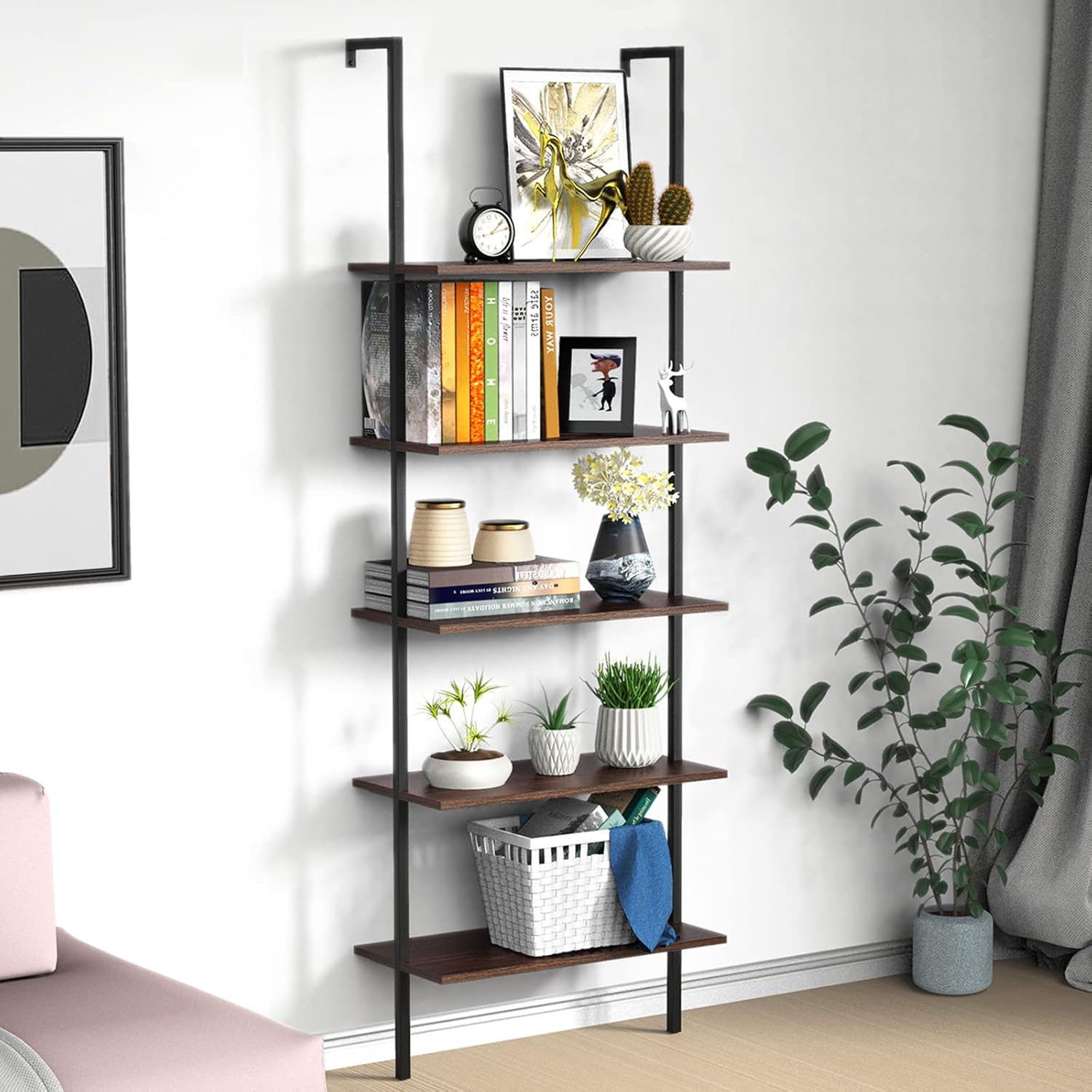 5-Tier Industrial Bookshelf with Metal Frame and Wood, Black Walnut I13806