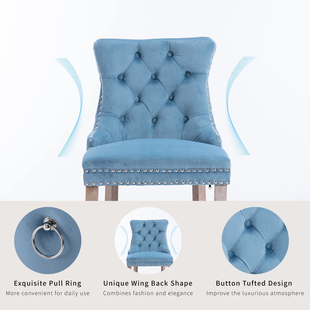Velvet Bar Stools Set of 2, 27" Seat Height, Tufted Back, Wood Frame, Light Blue Q839