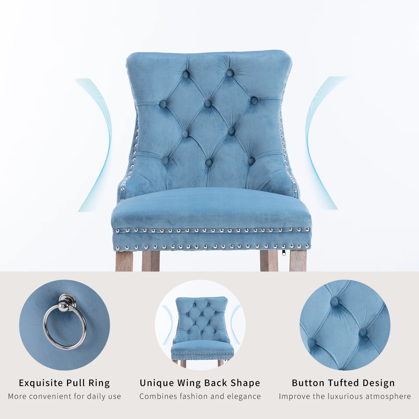 Velvet Bar Stools Set of 2, 27" Seat Height, Tufted Back, Wood Frame, Light Blue Q839