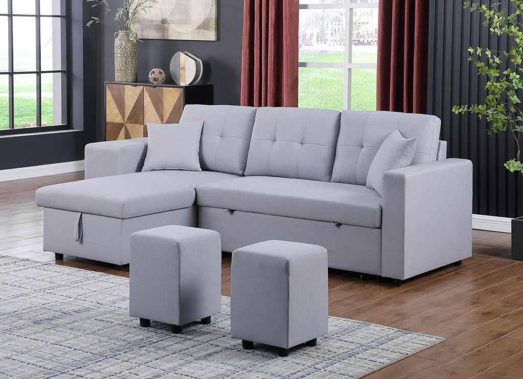 Light Gray Linen Fabric Reversible Sleeper Sectional with Storage Chaise and 2 Stools Z51049