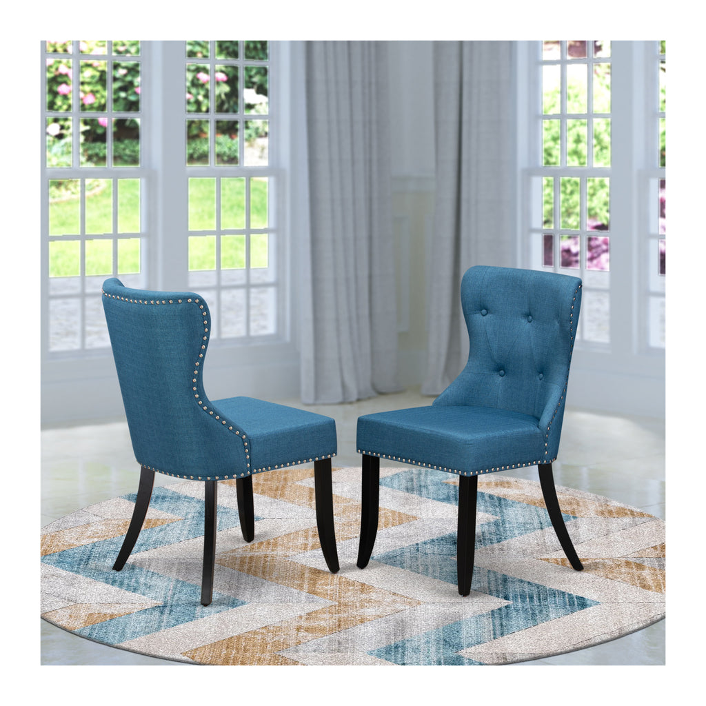 Mid Century Dining Chairs with Blue Linen Fabric Seat A724979
