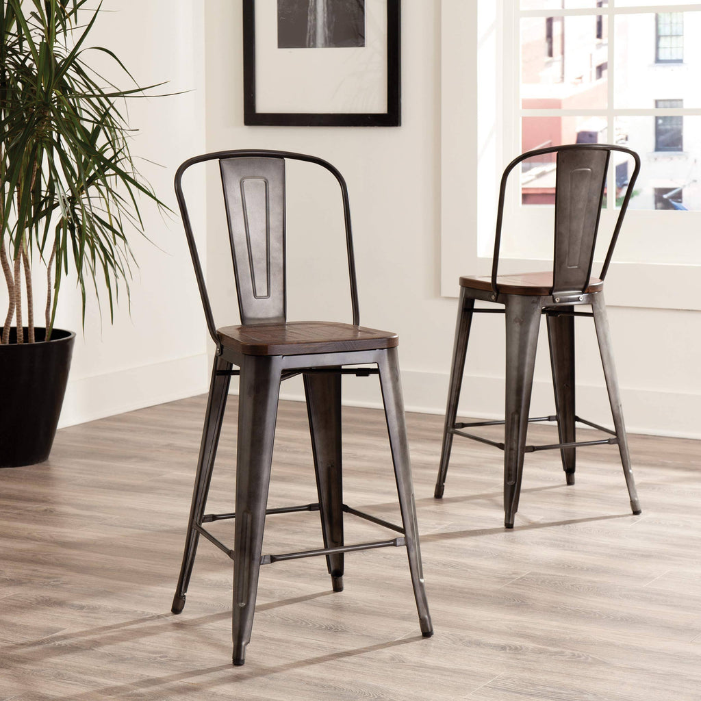 Industrial Modern 4 Pack 26x22 High Back Metal Bar Stools with Solid Ash Wood Seats M101