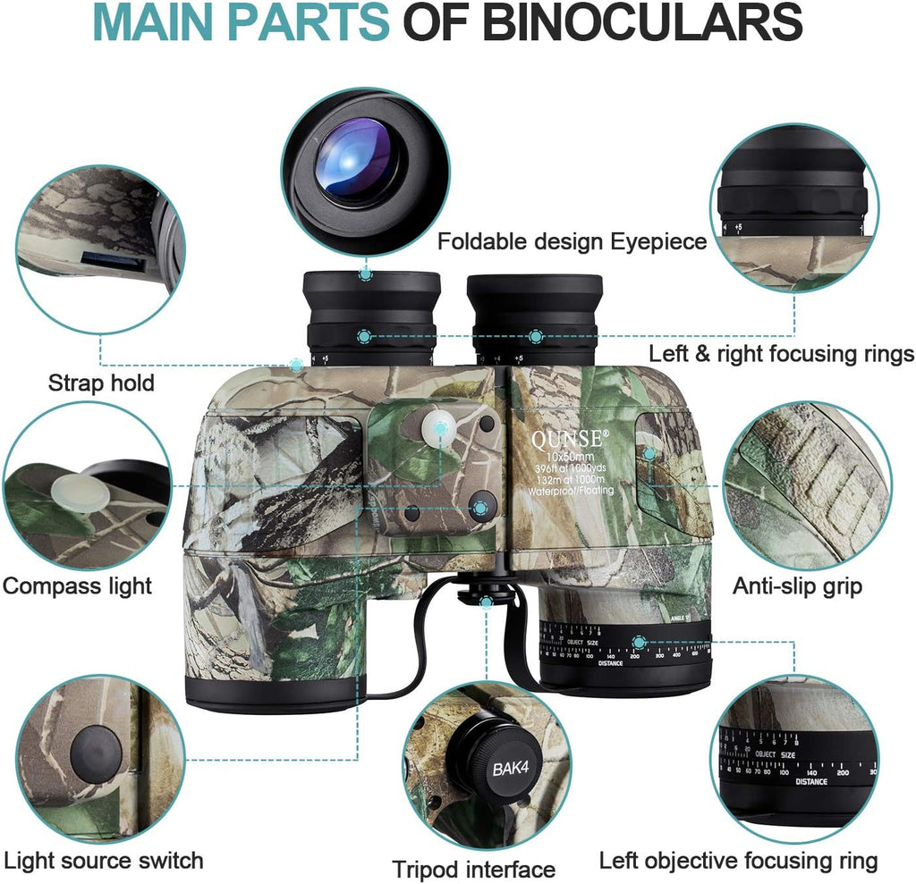 Camouflage 10X50 Waterproof Marine Binoculars with Rangefinder Compass H91628