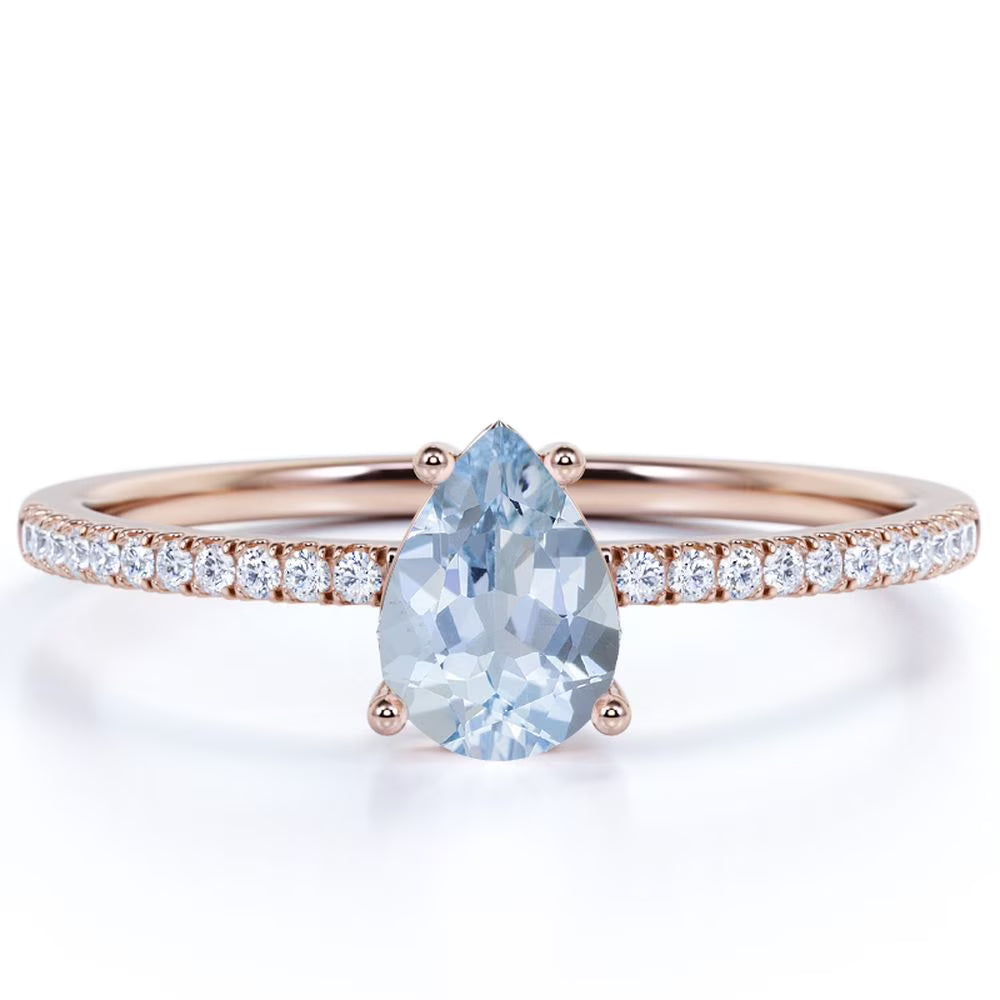 1 Carat Pear Shaped Aquamarine Promise Ring in 18k Rose Gold over Silver Y7598