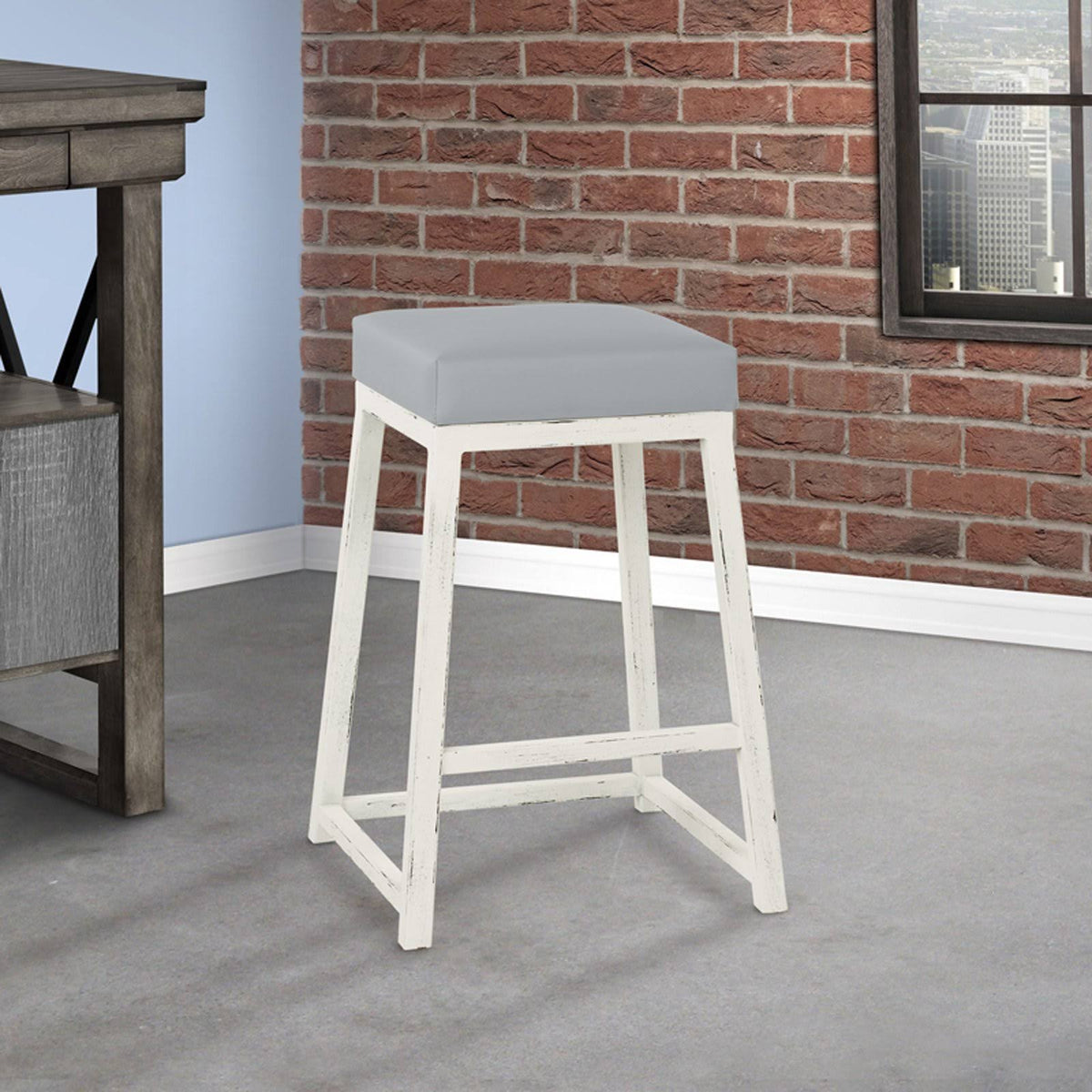 26x22 Counter Height Metal Backless Barstool in Aspen Pure White Bonded Leather and Silver Bisque Finish I529