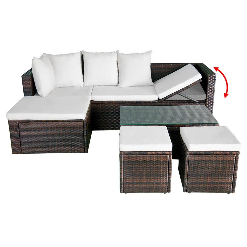 4 Piece Outdoor Corner Sofa with Coffee Table and 2 Ottomans Brown Poly Rattan S619040
