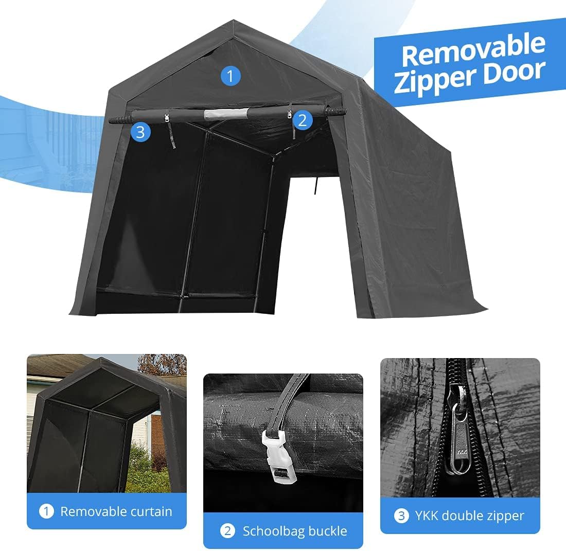 Gray Steel Metal Peak Roof Portable Garage Shelter Storage Shed Carport with 2 Roll up Doors R413271