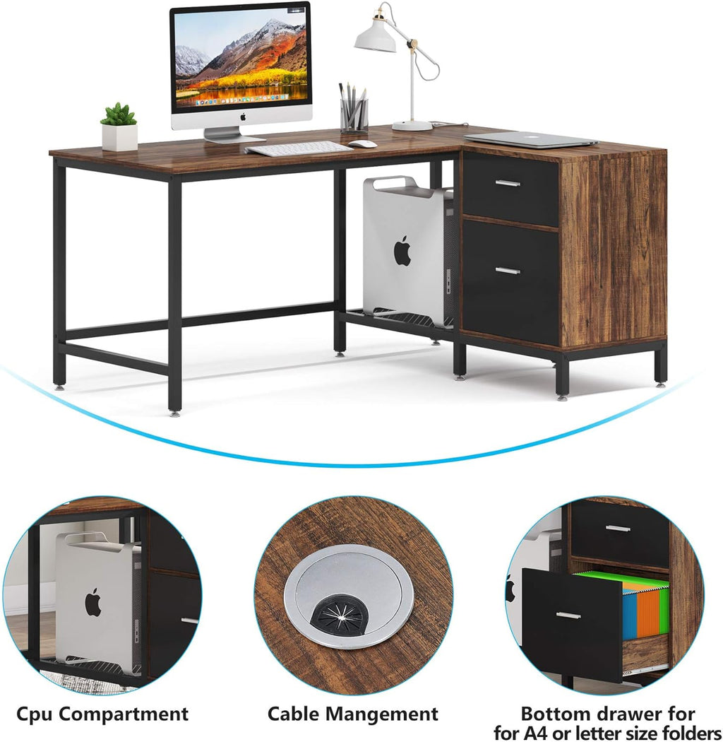 Rustic Industrial L Shaped Desk with Storage Drawer, 55 Inch Wood and Metal Study Corner Desk with Shelves and Hanging File Cabinet S409