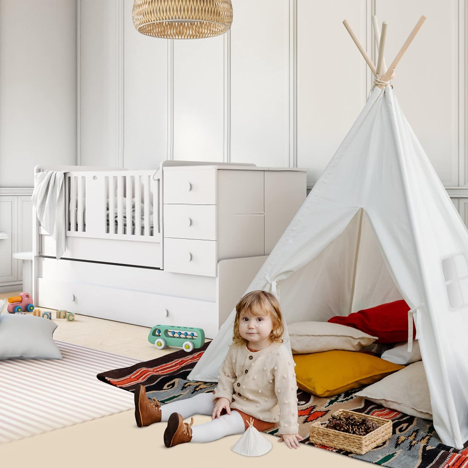 White Natural Canvas Kids Teepee Play Tent with Mat & Lights Strip L9439