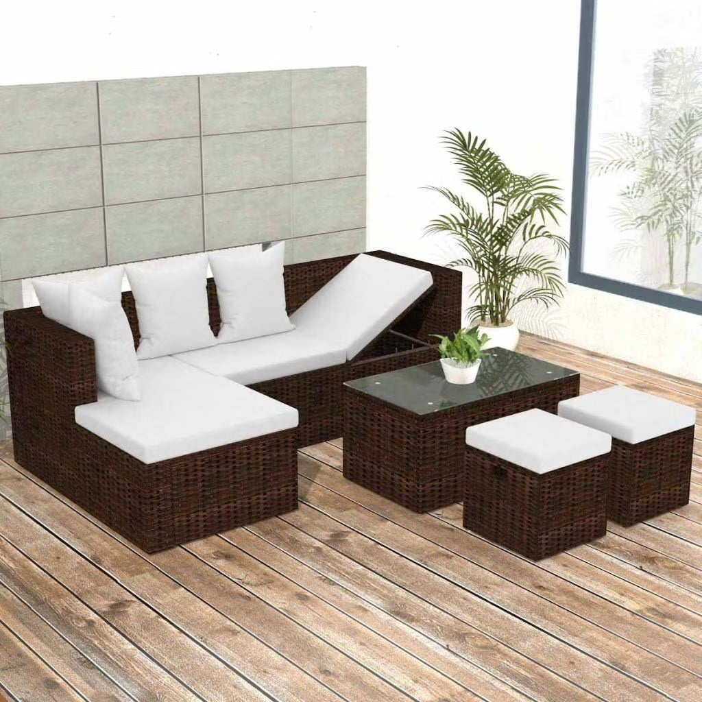 4 Piece Outdoor Corner Sofa with Coffee Table and 2 Ottomans Brown Poly Rattan S619040