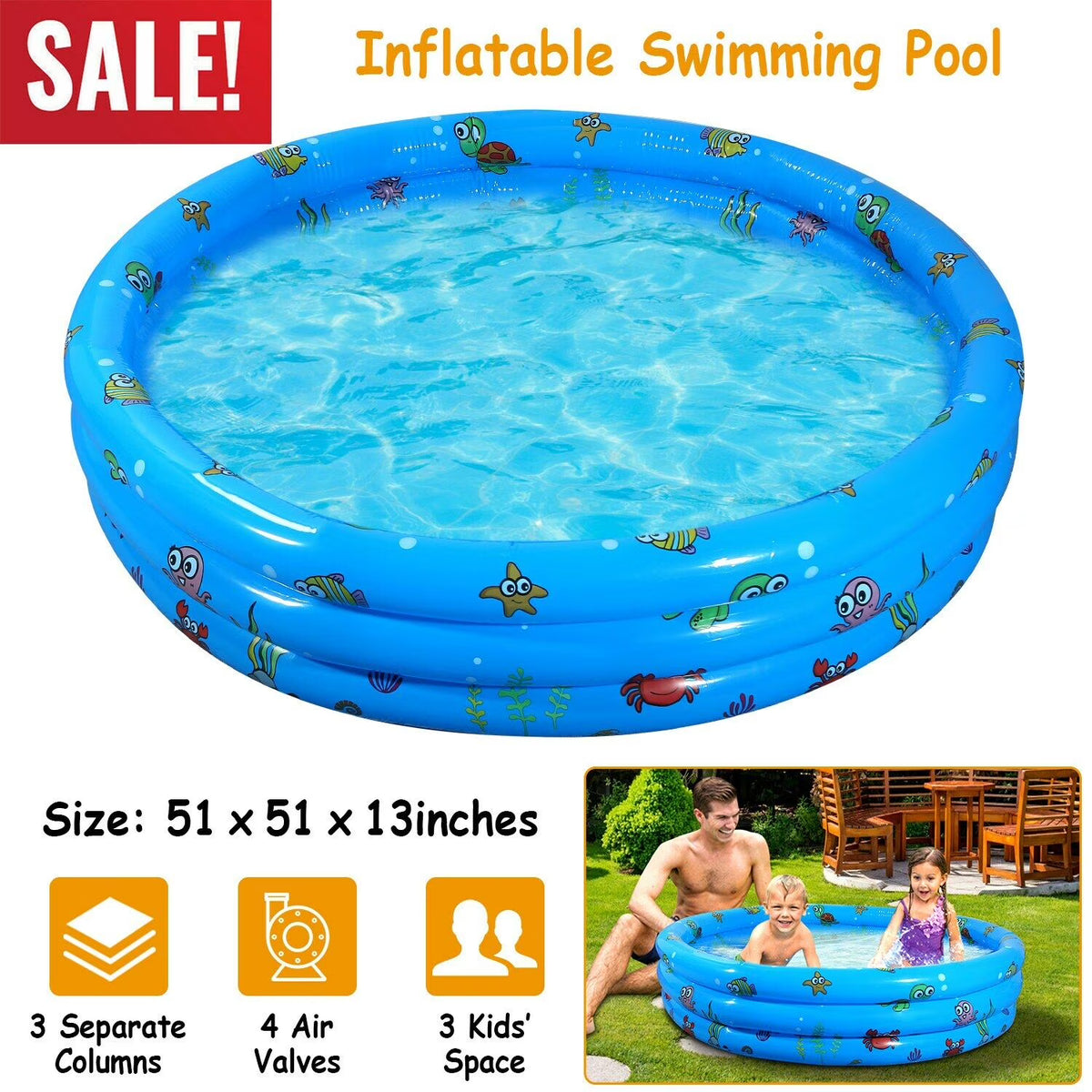 Inflatable Swimming Pool for 3 Kids 51" L349943