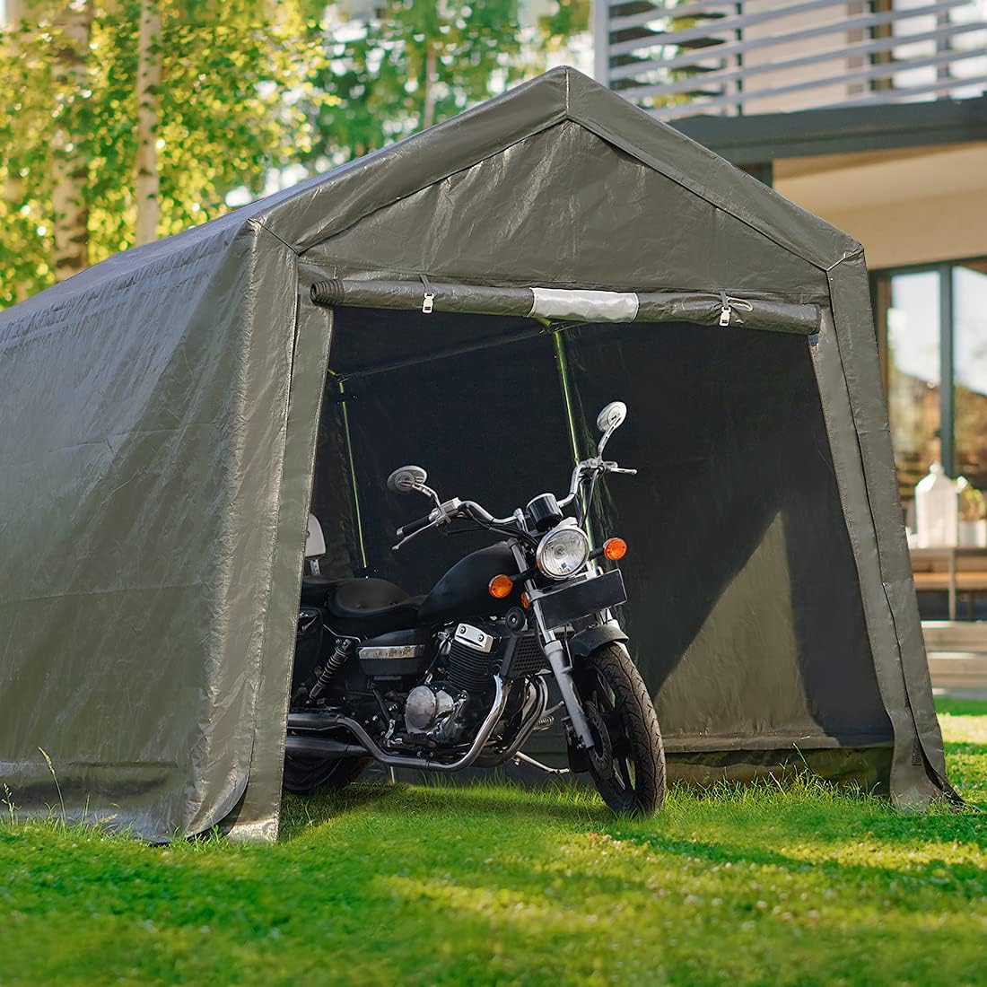 Gray Steel Metal Peak Roof Portable Garage Shelter Storage Shed Carport with 2 Roll up Doors R413271