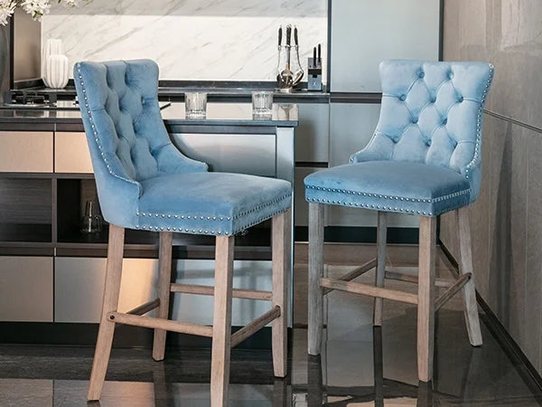 Velvet Bar Stools Set of 2, 27" Seat Height, Tufted Back, Wood Frame, Light Blue Q839