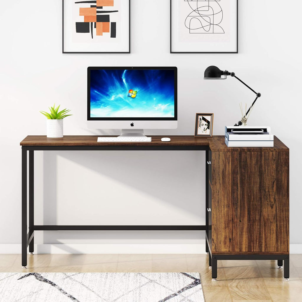 Rustic Industrial L Shaped Desk with Storage Drawer, 55 Inch Wood and Metal Study Corner Desk with Shelves and Hanging File Cabinet S409