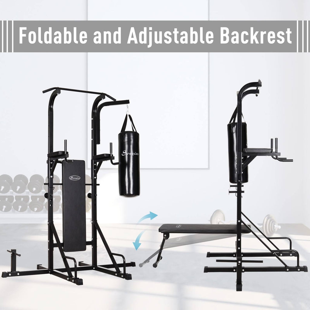 Power Tower with Bench and Punching Bag, Multi-Function Adjustable Dip Sit Up Workout Station Equipment S601