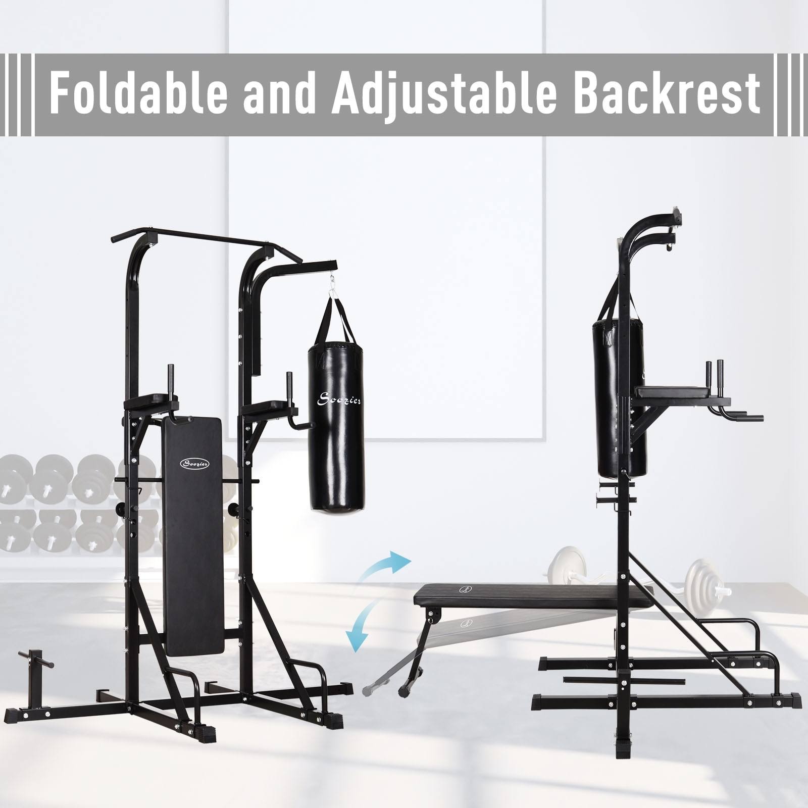 Power Tower with Bench and Punching Bag, Multi-Function Adjustable Dip Sit Up Workout Station Equipment S601