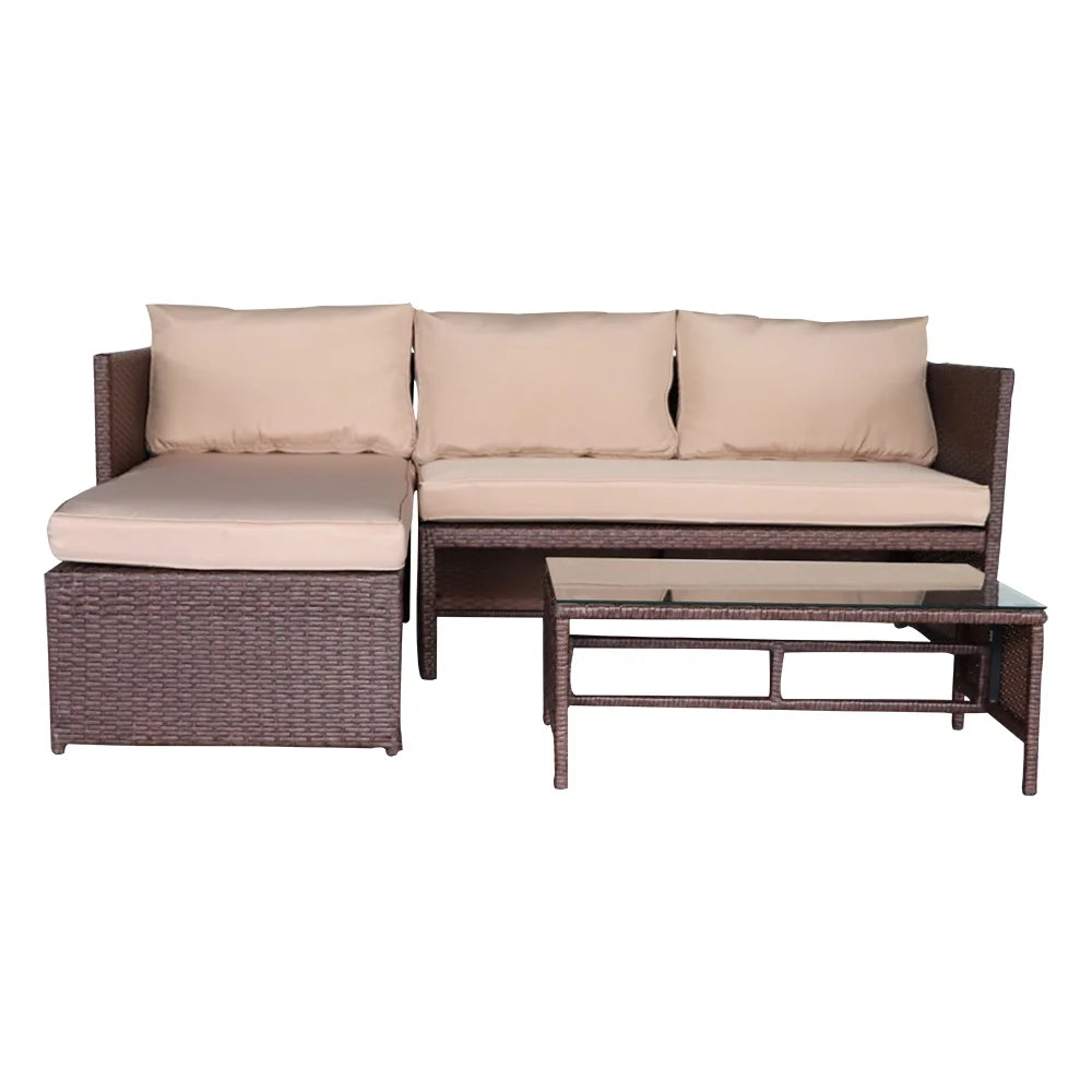 Rattan Sofa 3 Pieces Wood PE Wicker Ottoman With Coffee Table Patio Sofa Set T2190