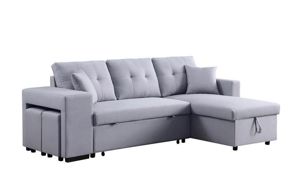 Light Gray Linen Fabric Reversible Sleeper Sectional with Storage Chaise and 2 Stools Z51049