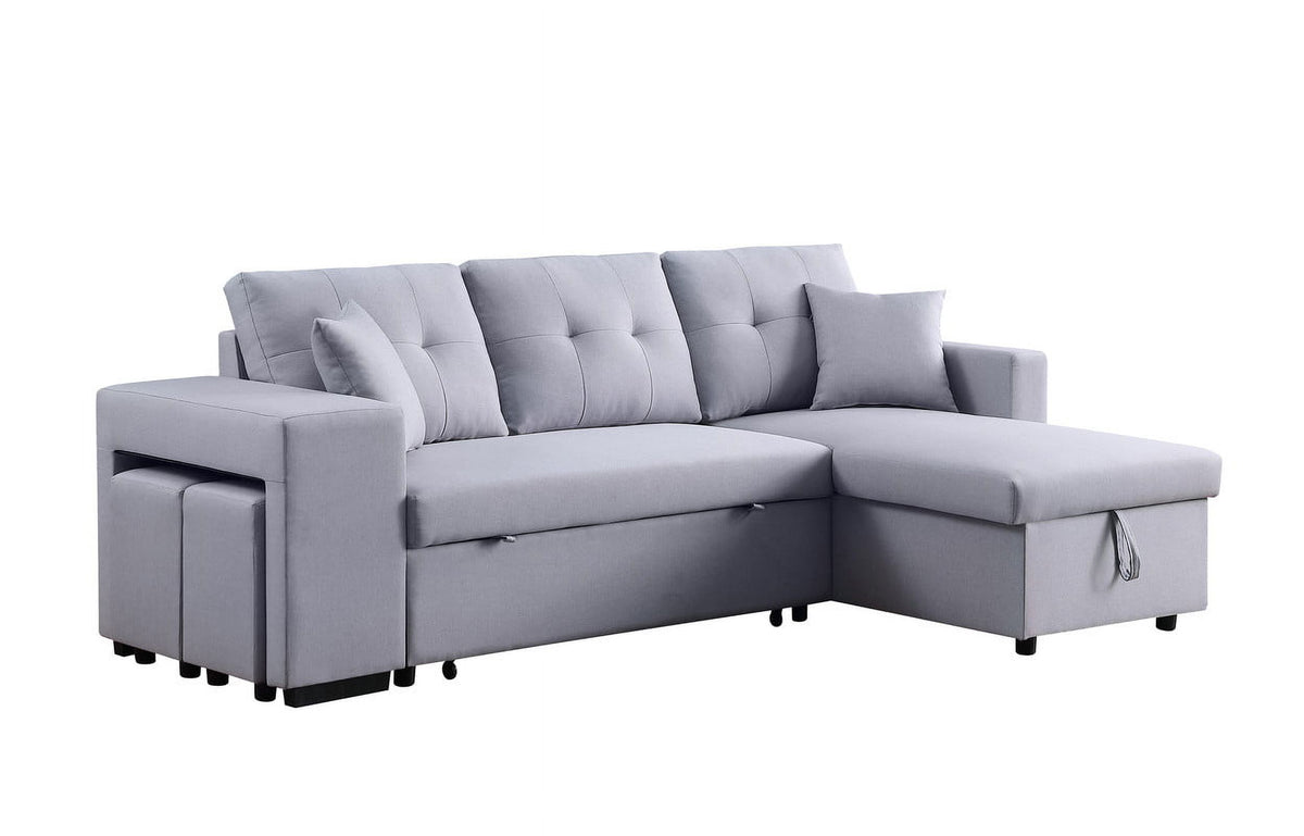 Light Gray Linen Fabric Reversible Sleeper Sectional with Storage Chaise and 2 Stools Z51049