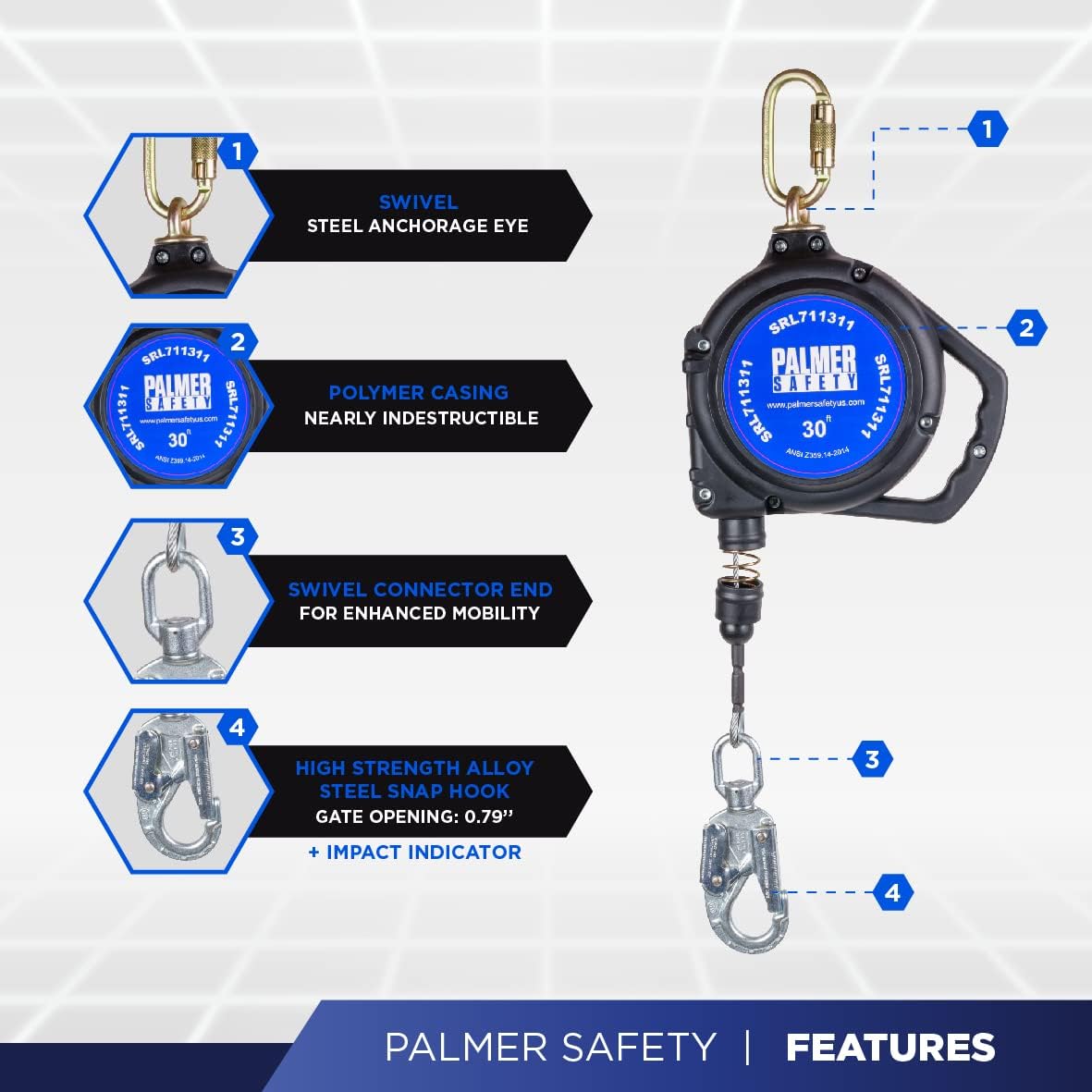 30 FT. Self Retracting Lifeline Galvanized Cable with Steel Snap Hook A5039