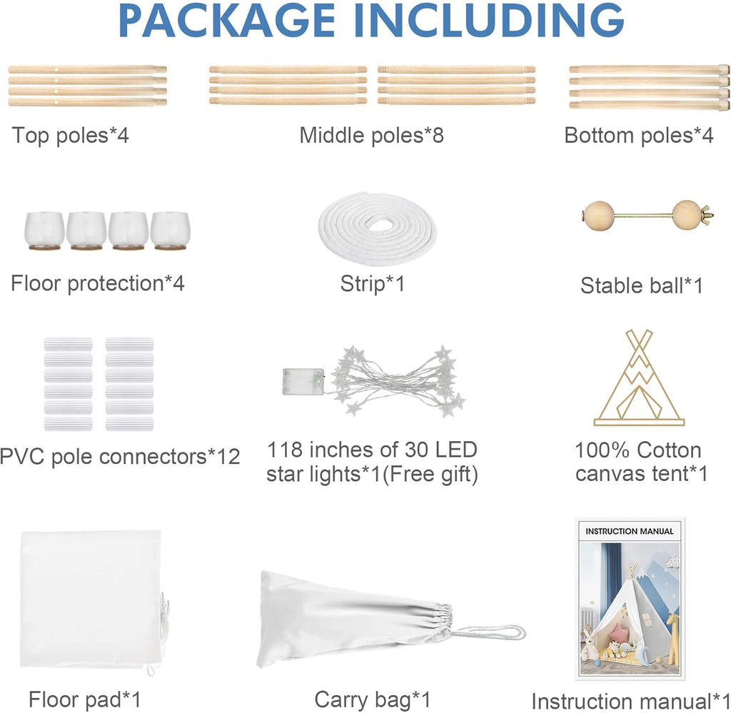 White Natural Canvas Kids Teepee Play Tent with Mat & Lights Strip L9439