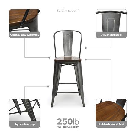 Industrial Modern 4 Pack 26x22 High Back Metal Bar Stools with Solid Ash Wood Seats M101