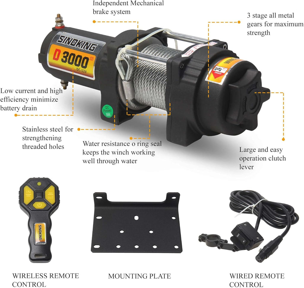 12VDC 3000LB UTV ATV Winch with Steel Cable Electric Winch Kit with Wireless Remote Control C983