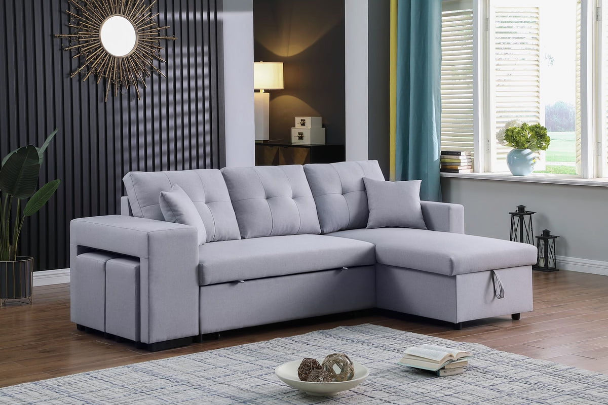 Light Gray Linen Fabric Reversible Sleeper Sectional with Storage Chaise and 2 Stools Z51049