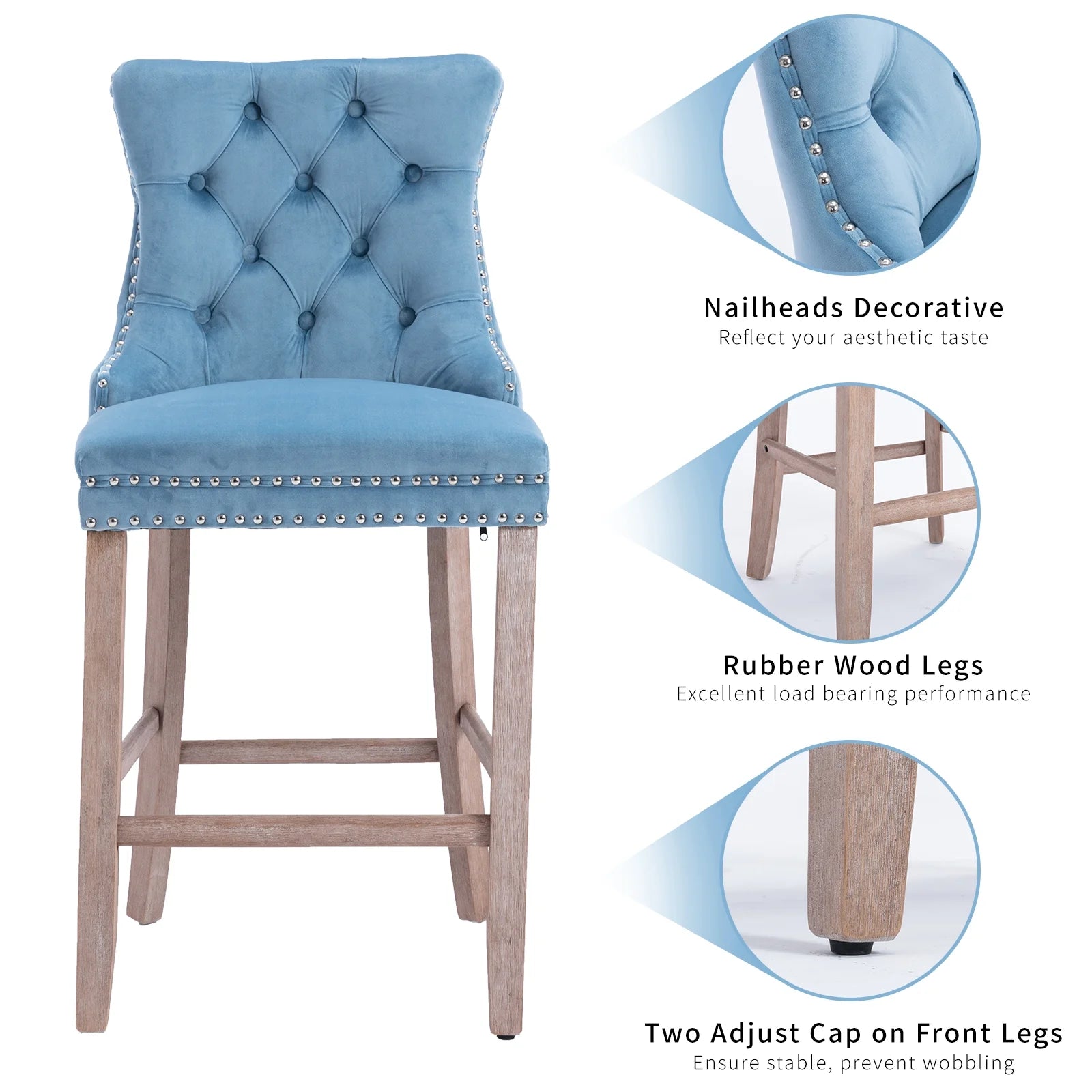Velvet Bar Stools Set of 2, 27" Seat Height, Tufted Back, Wood Frame, Light Blue Q839